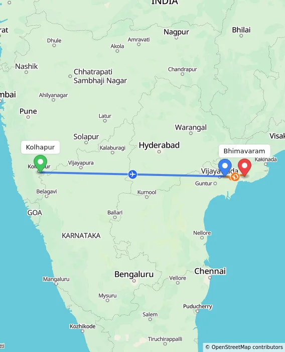 Route map showing distance and travel time from Kolhapur, India to Bhimavaram, India