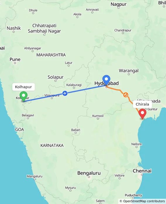 Route map showing distance and travel time from Kolhapur, India to Chirala, India
