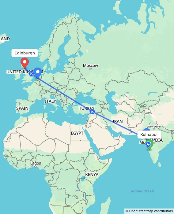 Route map showing distance and travel time from Kolhapur, India to Edinburgh, United Kingdom