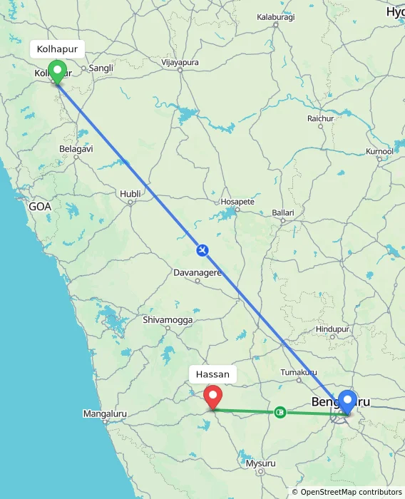 Route map showing distance and travel time from Kolhapur, India to Hassan, India