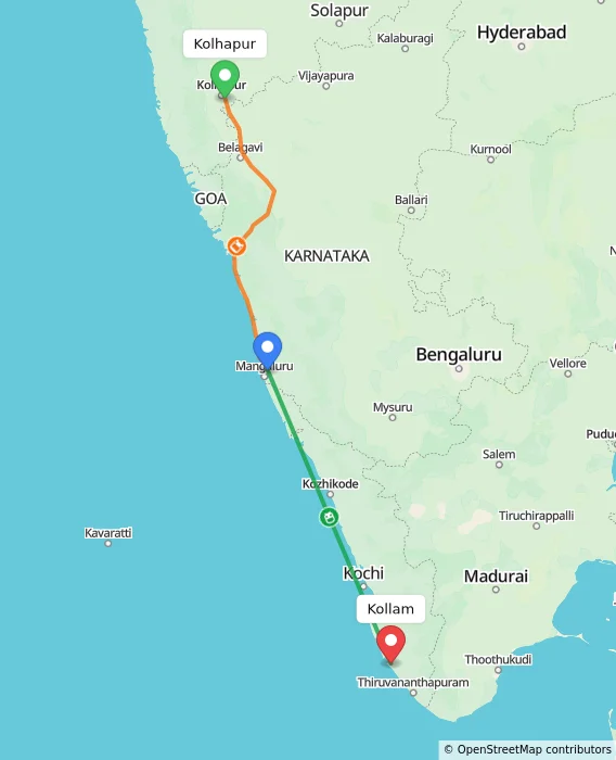Route map showing distance and travel time from Kolhapur, India to Kollam, India