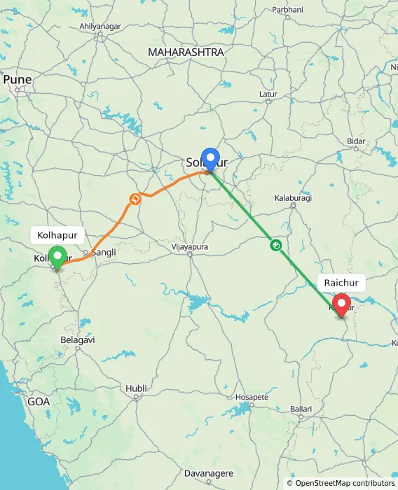 Route map showing distance and travel time from Kolhapur, India to Raichur, India
