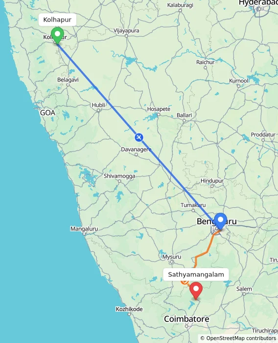 Route map showing distance and travel time from Kolhapur, India to Sathyamangalam, India