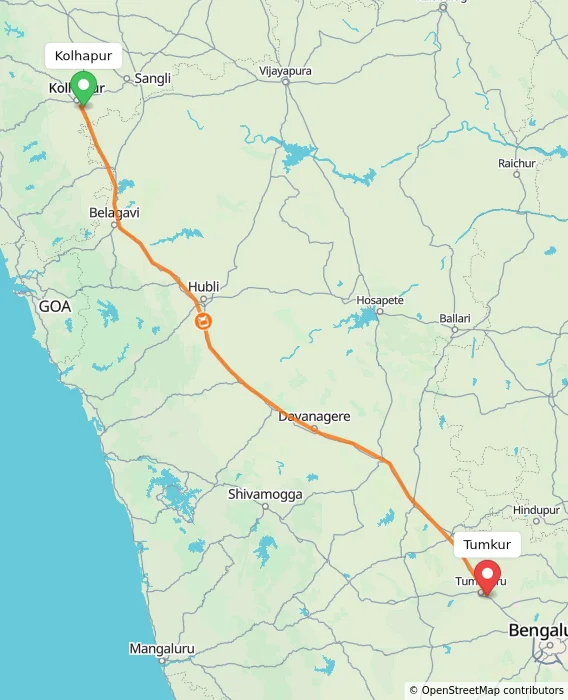Route map showing distance and travel time from Kolhapur, India to Tumkur, India