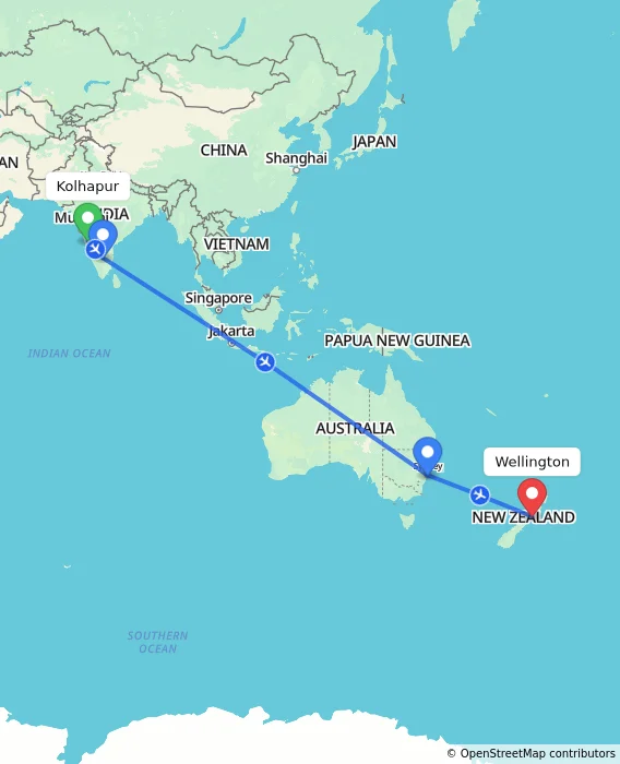 Route map showing distance and travel time from Kolhapur, India to Wellington, New Zealand
