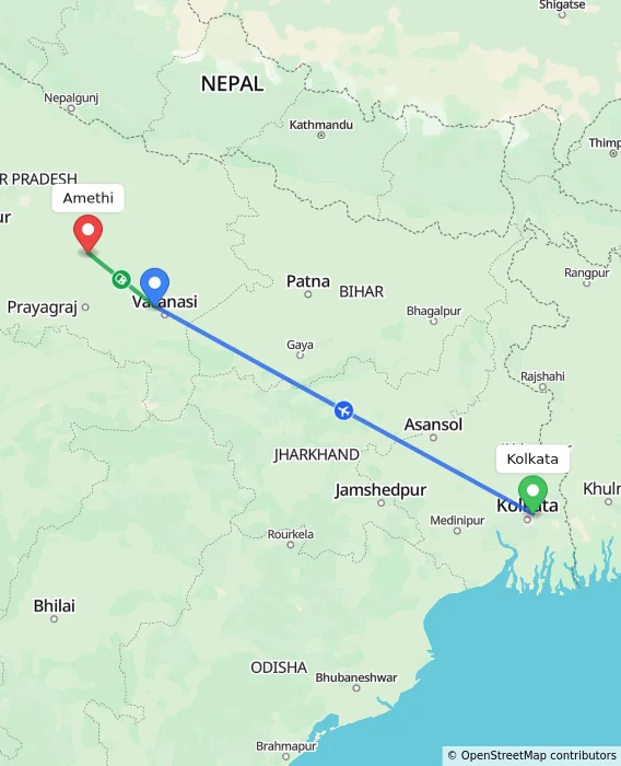 Route map showing distance and travel time from Kolkata, India to Amethi, India