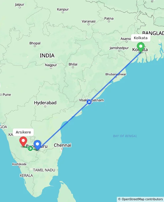 Route map showing distance and travel time from Kolkata, India to Arsikere, India