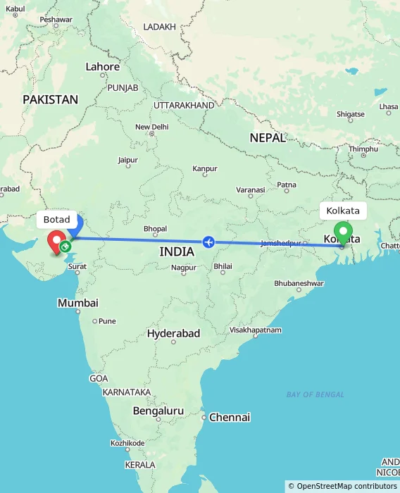 Route map showing distance and travel time from Kolkata, India to Botad, India