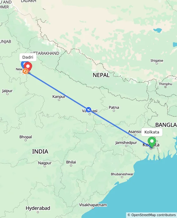 Route map showing distance and travel time from Kolkata, India to Dadri, India