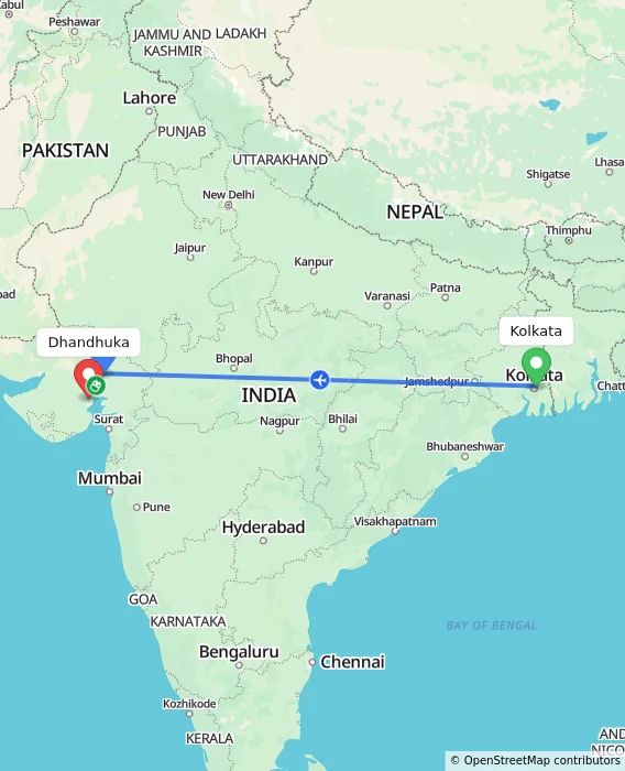Route map showing distance and travel time from Kolkata, India to Dhandhuka, India