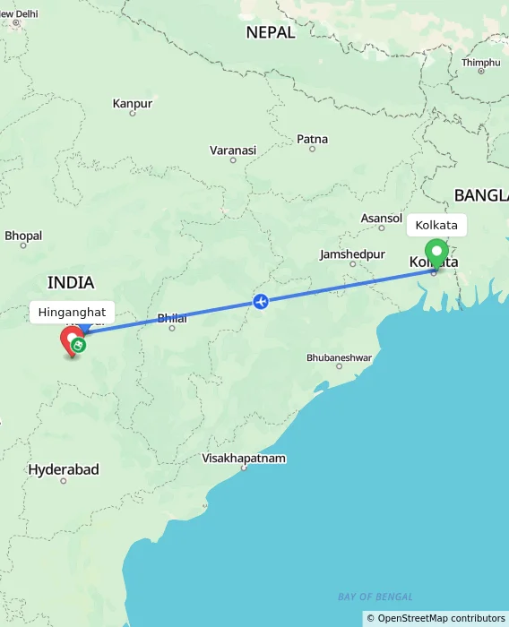 Route map showing distance and travel time from Kolkata, India to Hinganghat, India