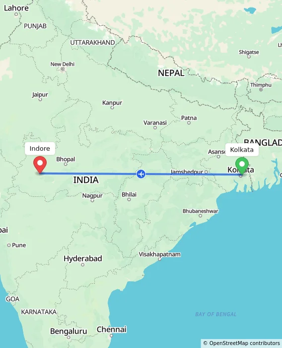 Route map showing distance and travel time from Kolkata, India to Indore, India