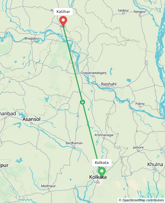 Route map showing distance and travel time from Kolkata, India to Katihar, India