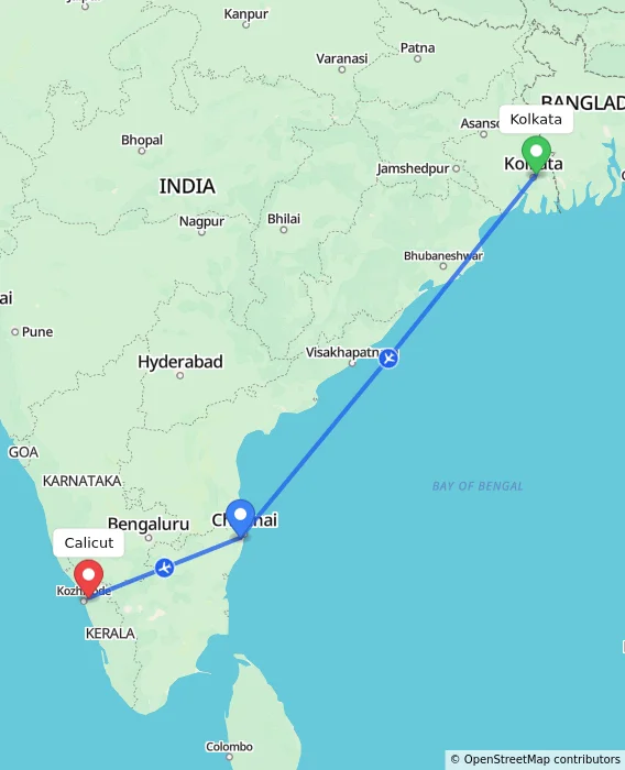 Route map showing distance and travel time from Kolkata, India to Kozhikode, India