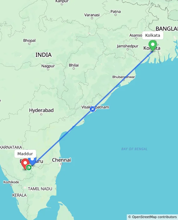 Route map showing distance and travel time from Kolkata, India to Maddur, India