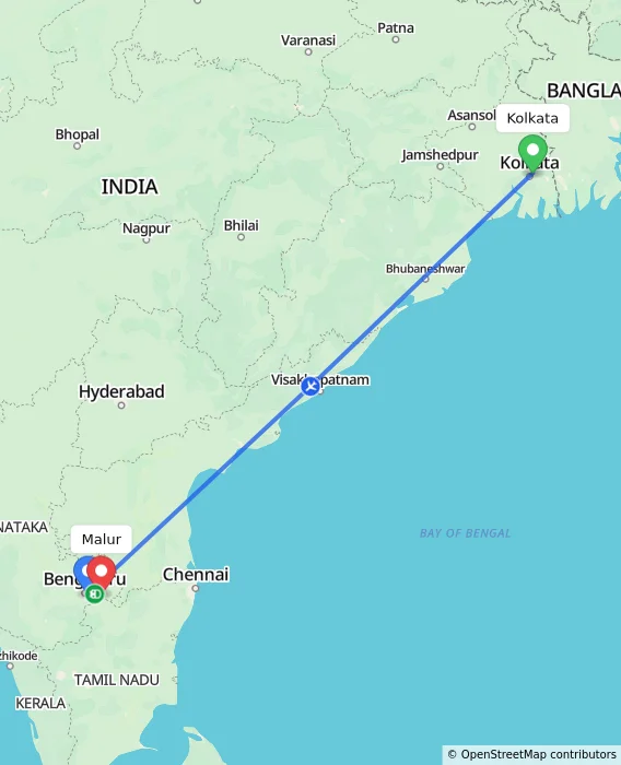 Route map showing distance and travel time from Kolkata, India to Malur, India