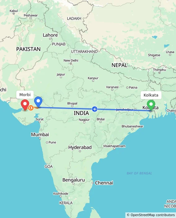 Route map showing distance and travel time from Kolkata, India to Morbi, India