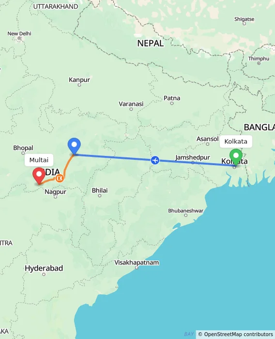 Route map showing distance and travel time from Kolkata, India to Multai, India