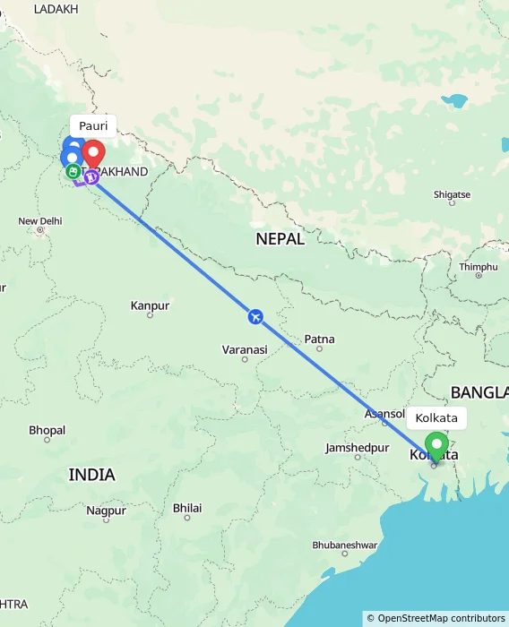 Route map showing distance and travel time from Kolkata, India to Pauri, India