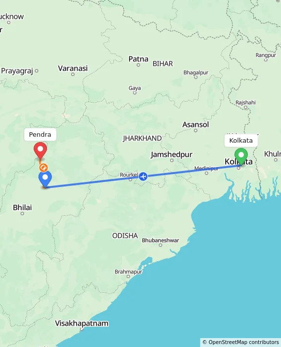 Route map showing distance and travel time from Kolkata, India to Pendra, India