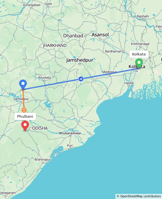 Route map showing distance and travel time from Kolkata, India to Phulbani, India