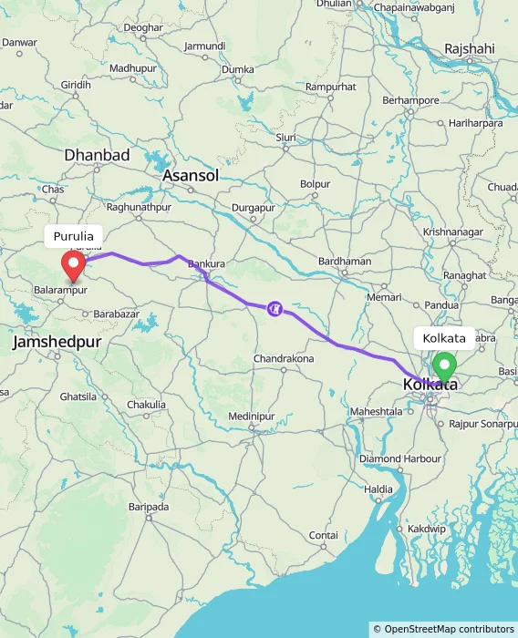 Route map showing distance and travel time from Kolkata, India to Purulia, India