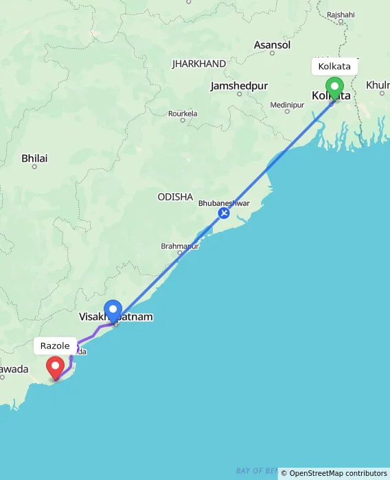 Route map showing distance and travel time from Kolkata, India to Razole, India