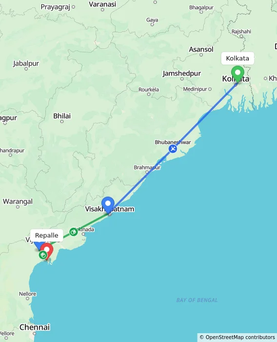Route map showing distance and travel time from Kolkata, India to Repalle, India