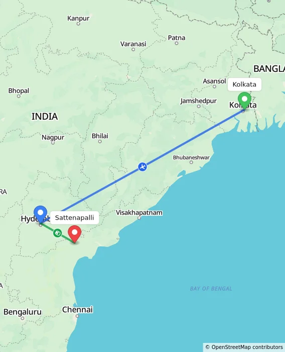 Route map showing distance and travel time from Kolkata, India to Sattenapalli, India