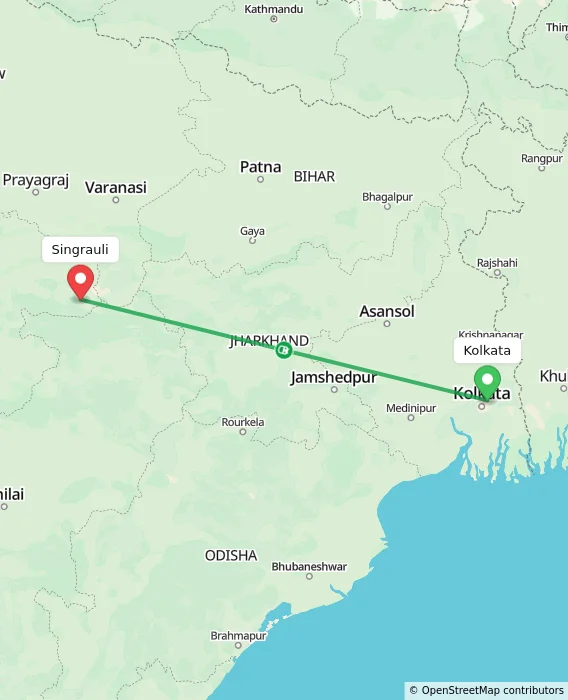 Route map showing distance and travel time from Kolkata, India to Singrauli, India