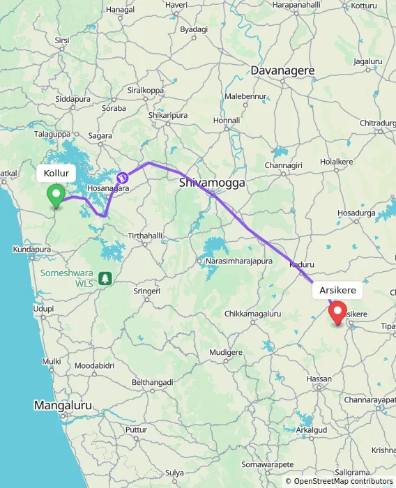 Route map showing distance and travel time from Kollur, India to Arsikere, India