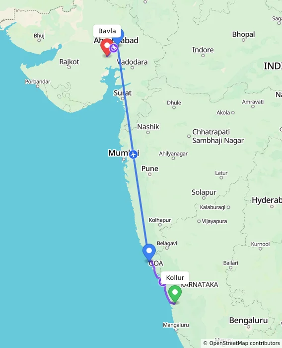 Route map showing distance and travel time from Kollur, India to Bavla, India