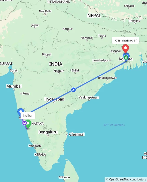 Route map showing distance and travel time from Kollur, India to Krishnanagar, India