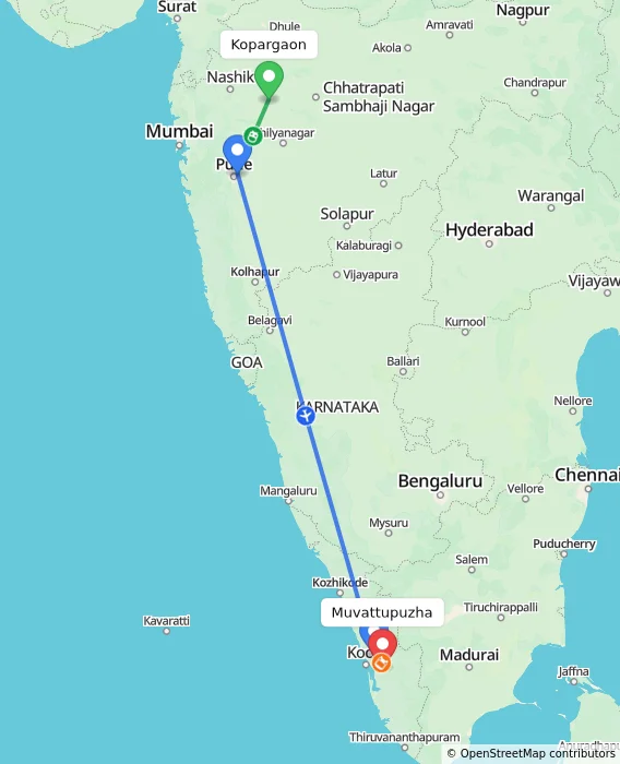 Route map showing distance and travel time from Kopargaon, India to Muvattupuzha, India