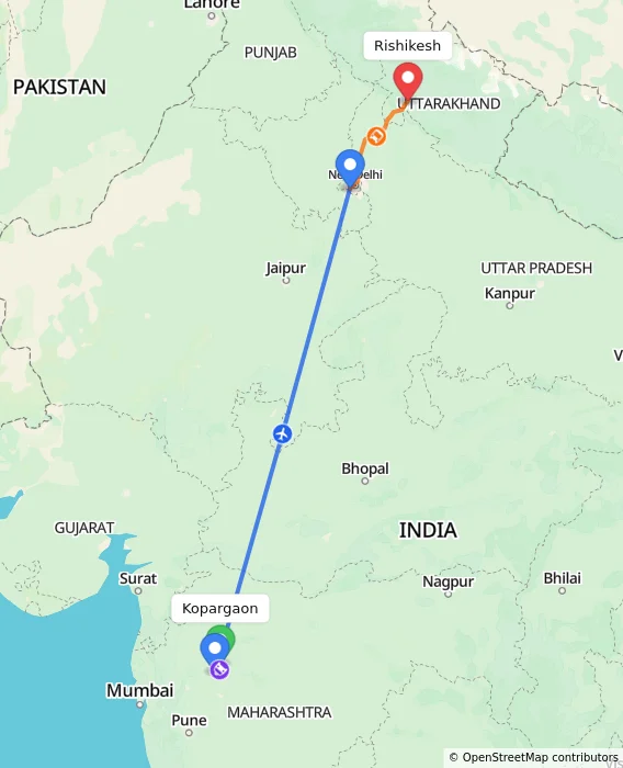 Route map showing distance and travel time from Kopargaon, India to Rishikesh, India