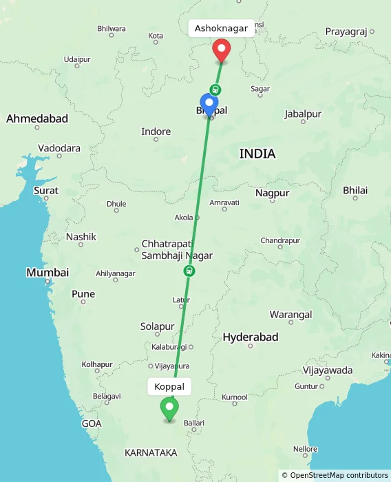 Route map showing distance and travel time from Koppal, India to Ashoknagar, India
