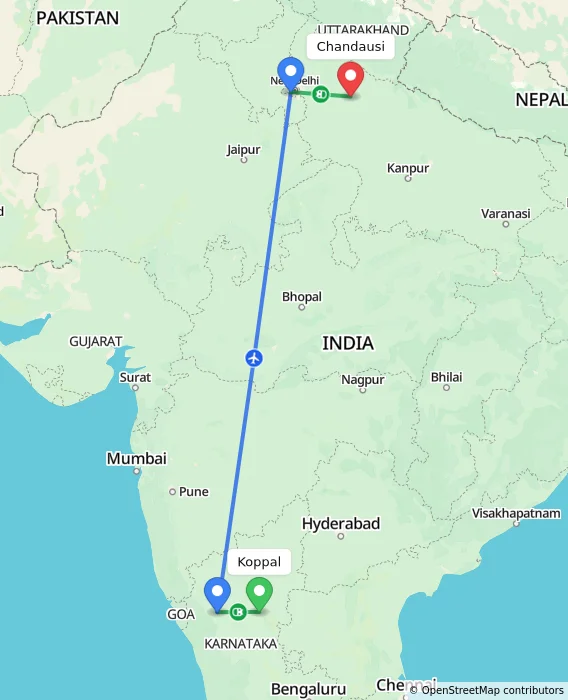 Route map showing distance and travel time from Koppal, India to Chandausi, India