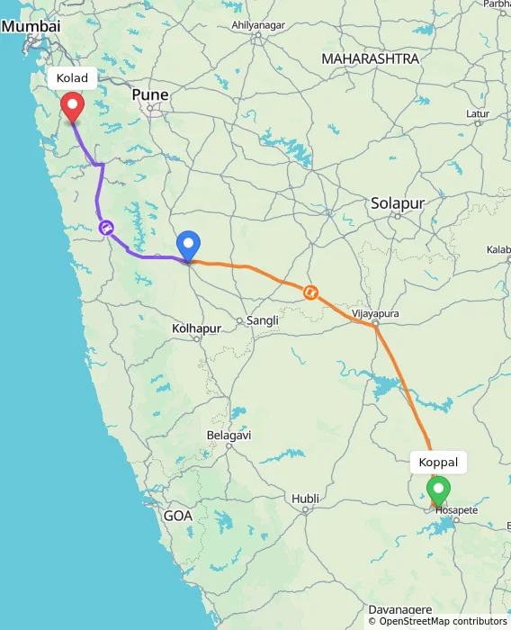 Route map showing distance and travel time from Koppal, India to Kolad, India