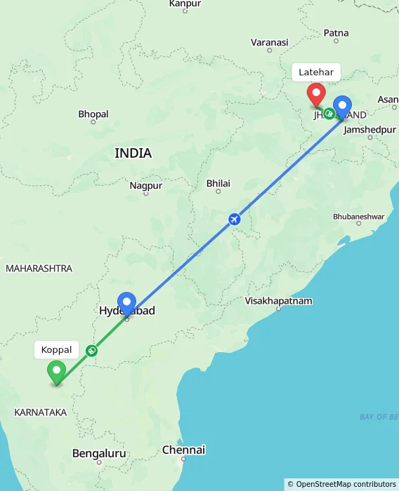 Route map showing distance and travel time from Koppal, India to Latehar, India