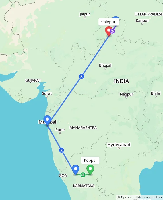 Route map showing distance and travel time from Koppal, India to Shivpuri, India