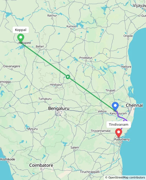 Route map showing distance and travel time from Koppal, India to Tindivanam, India