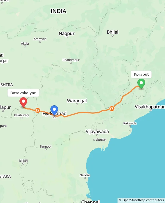 Route map showing distance and travel time from Koraput, India to Basavakalyan, India