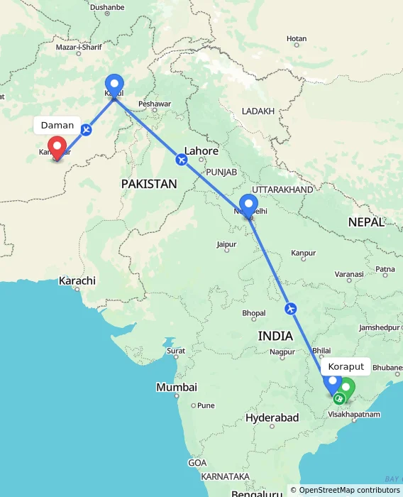 Route map showing distance and travel time from Koraput, India to Daman, Afghanistan