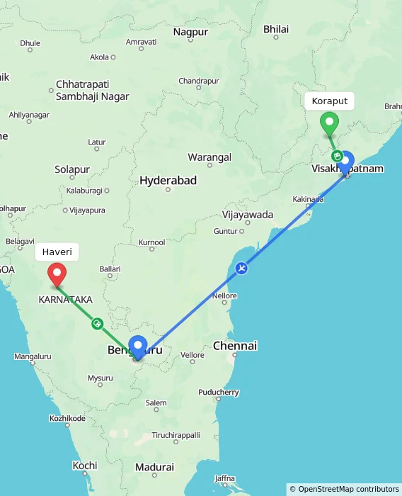 Route map showing distance and travel time from Koraput, India to Haveri, India