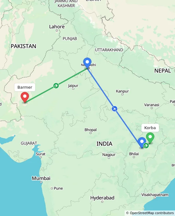 Route map showing distance and travel time from Korba, India to Barmer, India