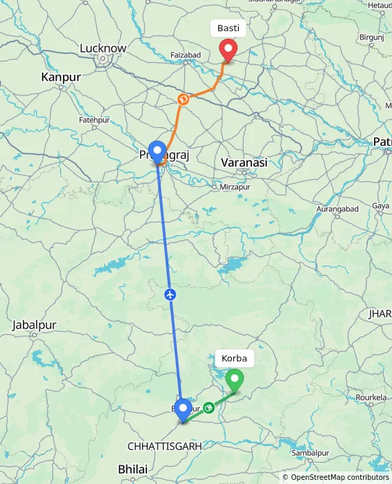 Route map showing distance and travel time from Korba, India to Basti, India