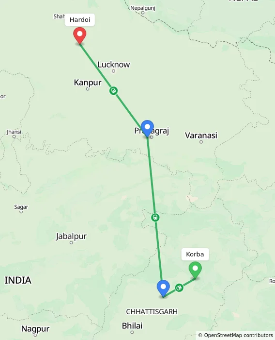 Route map showing distance and travel time from Korba, India to Hardoi, India