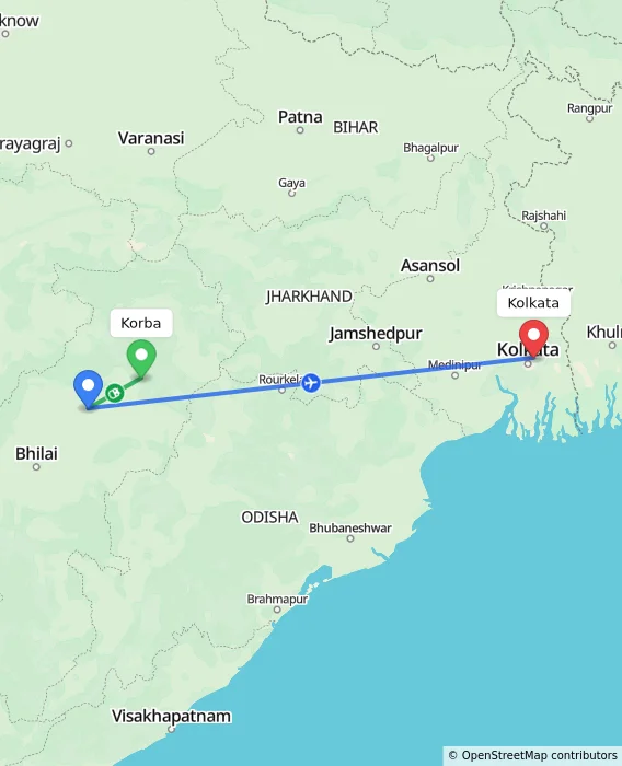Route map showing distance and travel time from Korba, India to Kolkata, India