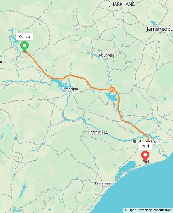 Route map showing distance and travel time from Korba, India to Puri, India