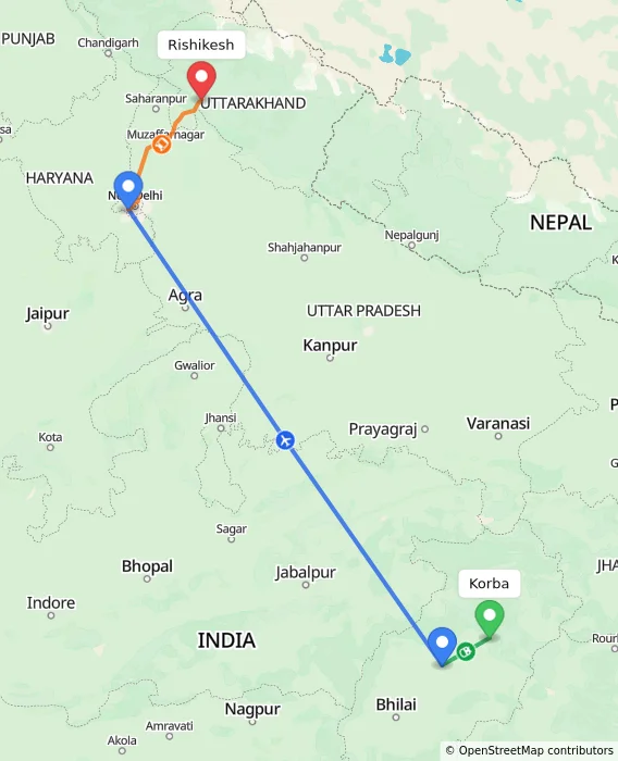 Route map showing distance and travel time from Korba, India to Rishikesh, India